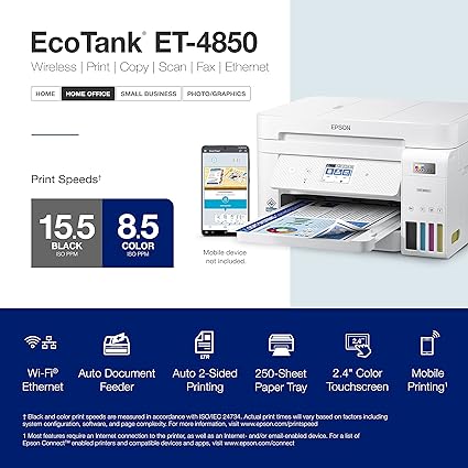 Epson EcoTank ET-4850 Wireless All-in-One Cartridge-Free Supertank Printer with Scanner, Copier, Fax, ADF and Ethernet – The Perfect Printer Office - White, Medium image 4