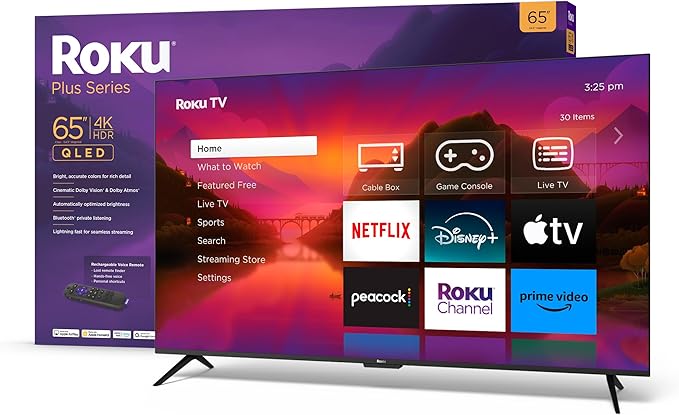 Roku Smart TV – 65-Inch Plus Series 4K QLED RokuTV with Roku Voice Remote Pro, Dolby Vision, Striking 4K Resolution, Automatic Brightness, & Seamless Streaming – Live Local News & Sports image 1