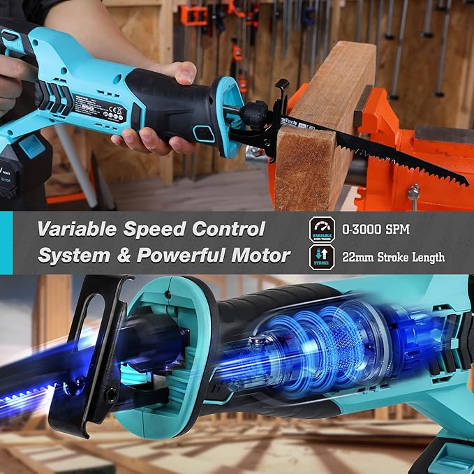 DURATECH Cordless Reciprocating Saw with 20V 4.0Ah Li-Ion Battery, 3000SPM, 7/8" Stroke Length, Variable Speed, Tool-Free Blade Change, 4 Saw Blades for Wood & Metal Cutting image 5