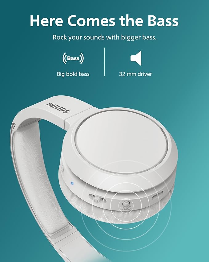 PHILIPS H4205 On-Ear Wireless Headphones with 32mm Drivers & BASS Boost on-Demand, White image 2
