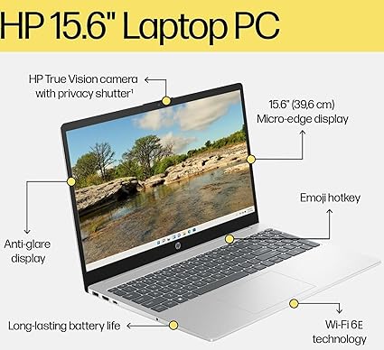 HP 15 15.6" FHD Laptop Computer Student and Business, Intel Quad-Core Processor (Beat i3-1115G4), 16GB DDR4 RAM, 256GB PCIe SSD, WiFi 6E, Bluetooth 5.3, HDMI, Type-C, Silver, Windows 11 Pro, Wendbo image 2