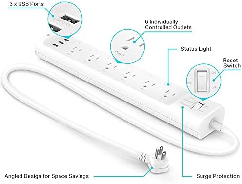 Kasa Smart Plug Power Strip HS300, Surge Protector with 6 Individually Controlled Smart Outlets and 3 USB Ports, Works with Alexa & Google Home, No Hub Required , White image 3