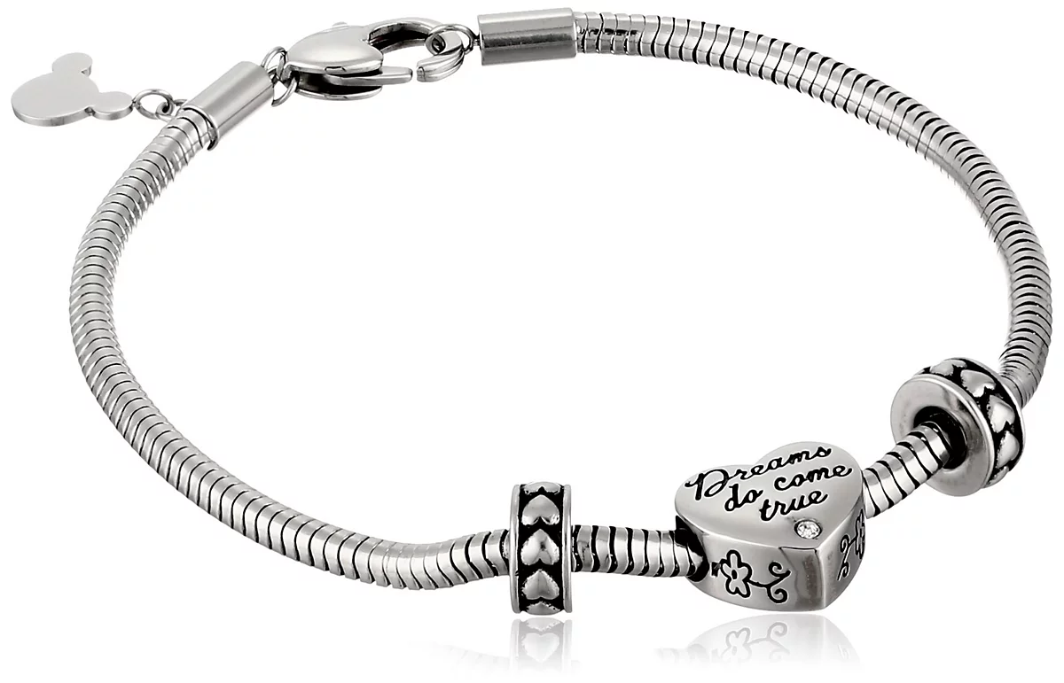 Disney Stainless Steel Heart Bead Charm 2 Stoppers Small and Medium Starter Bracelet, 7.5 image 1