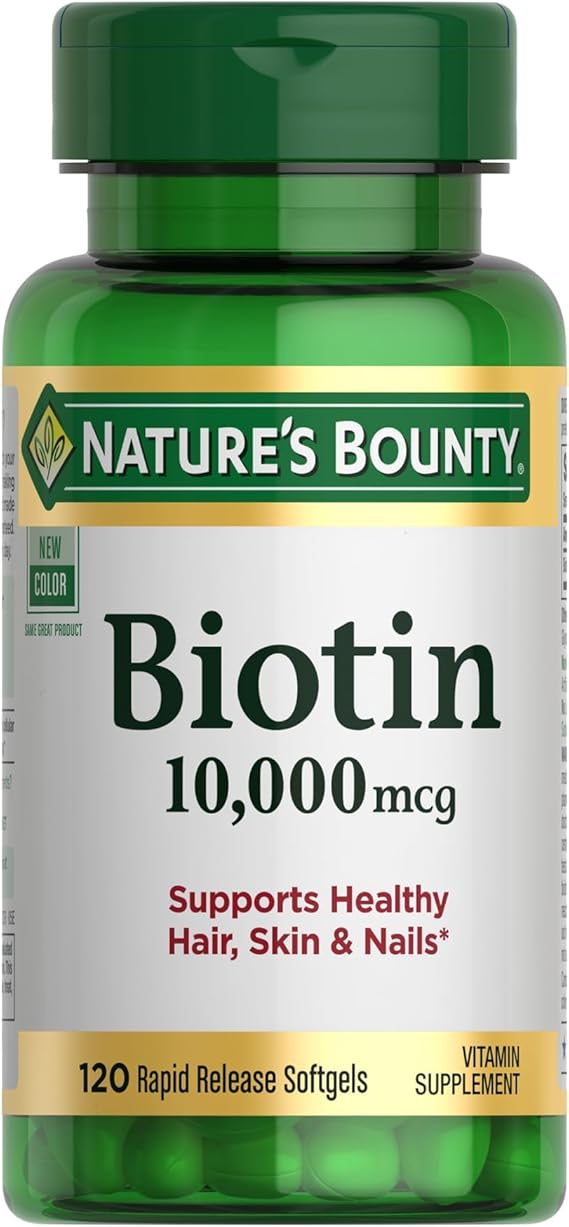 Nature's Bounty Biotin Hair Skin and Nails Vitamins, Supports Healthy Hair, Skin and Nails, 10,000 mcg, 120 Softgels (Pack of 1) image 1