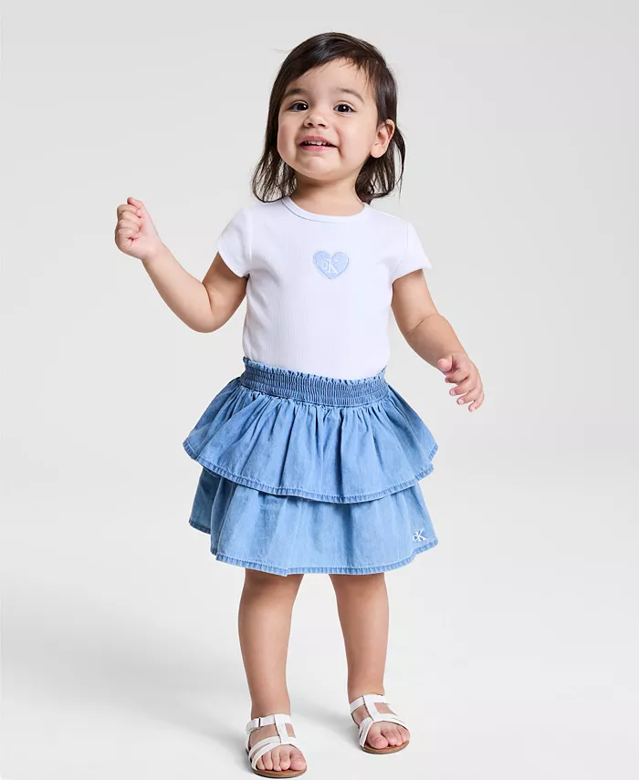 Baby Girls Ribbed Logo Bodysuit & Denim Skirt, 2 Piece Set image 1