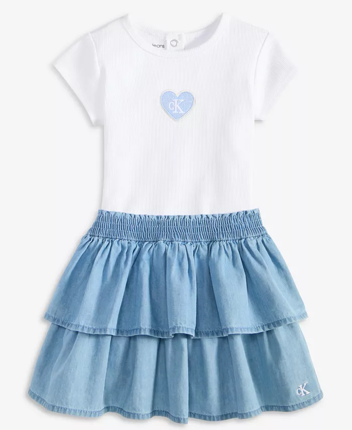 Baby Girls Ribbed Logo Bodysuit & Denim Skirt, 2 Piece Set image 2