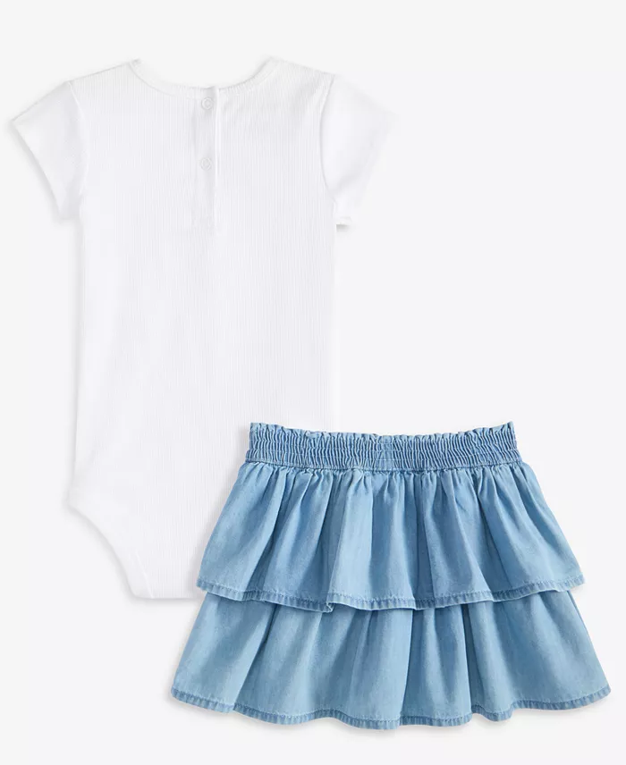 Baby Girls Ribbed Logo Bodysuit & Denim Skirt, 2 Piece Set image 4