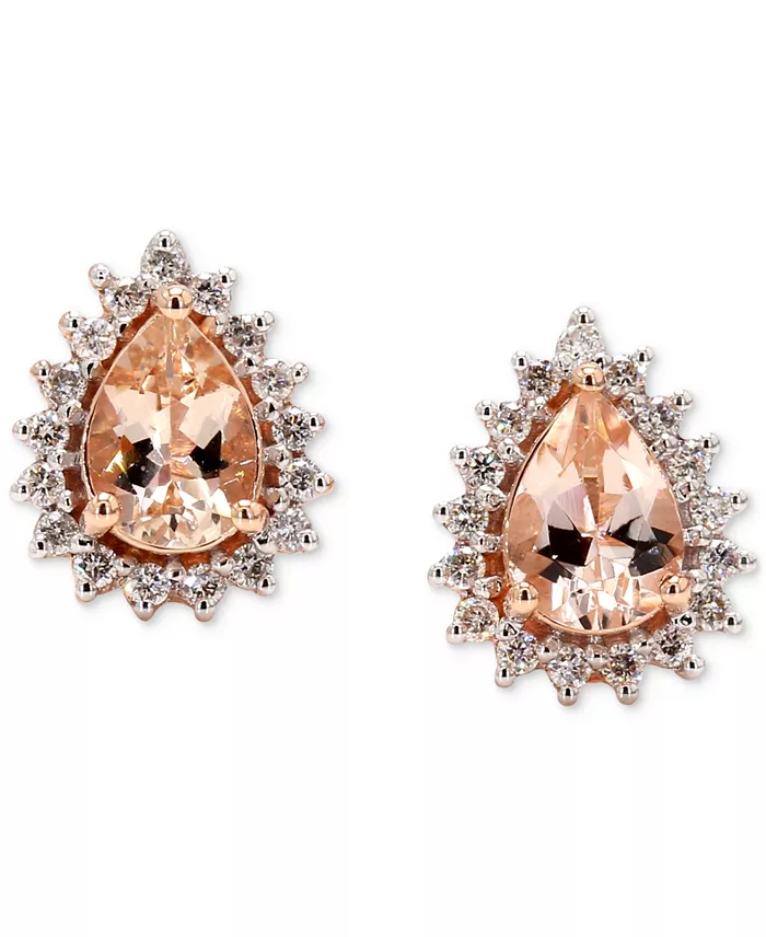 Morganite (1-1/2 ct. t.w.) & Diamond (1/3 ct. t.w.) Pear Halo Stud Earrings in 10k Rose & White Gold image 1