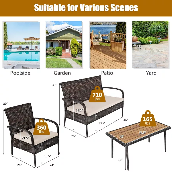Costway 4PCS Patio Rattan Furniture Set Outdoor Conversation Set Coffee Table w/Cushions image 3