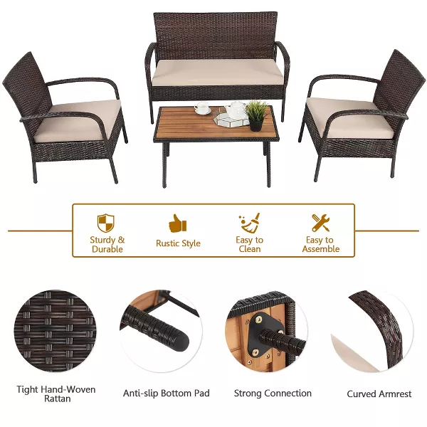 Costway 4PCS Patio Rattan Furniture Set Outdoor Conversation Set Coffee Table w/Cushions image 6