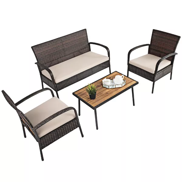 Costway 4PCS Patio Rattan Furniture Set Outdoor Conversation Set Coffee Table w/Cushions image 8