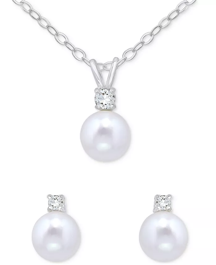 2-Piece Set Dyed Black Pearl (6mm) & White Topaz Accent Pendant Necklace & Matching Stud Earrings in Sterling Silver (Also in White & Dyed Pink Cultured Freshwater Pearl) image 2