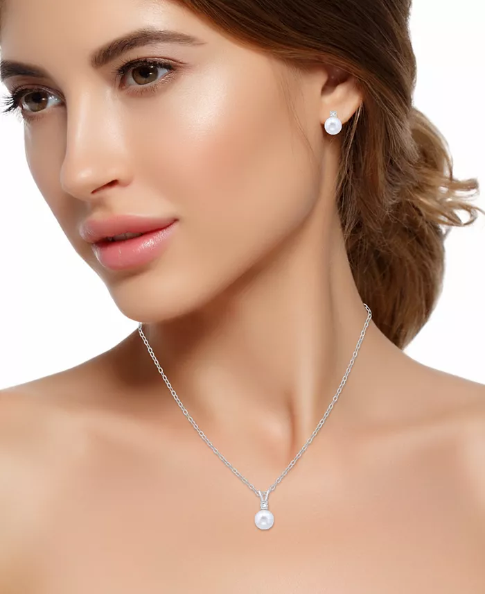 2-Piece Set Dyed Black Pearl (6mm) & White Topaz Accent Pendant Necklace & Matching Stud Earrings in Sterling Silver (Also in White & Dyed Pink Cultured Freshwater Pearl) image 3