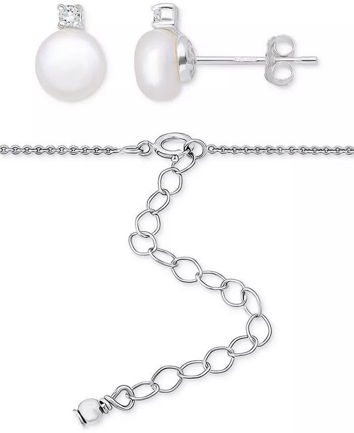 2-Piece Set Dyed Black Pearl (6mm) & White Topaz Accent Pendant Necklace & Matching Stud Earrings in Sterling Silver (Also in White & Dyed Pink Cultured Freshwater Pearl) image 4