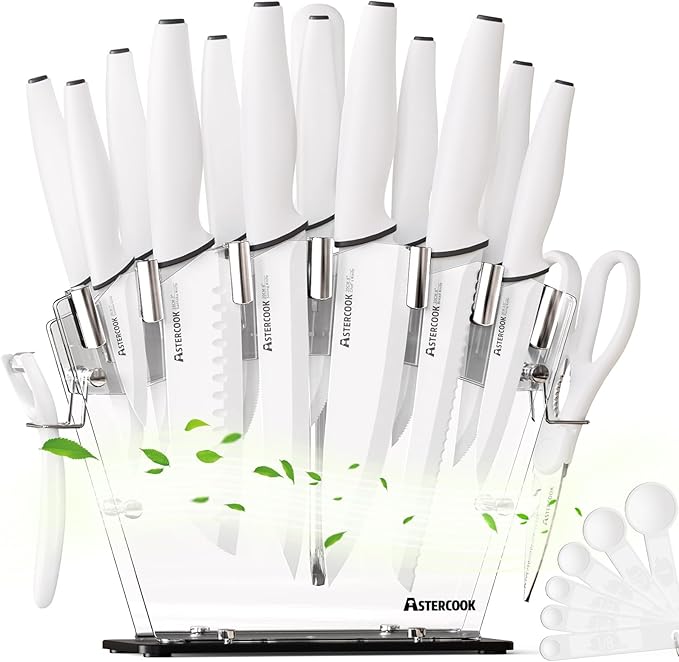 Astercook Knife Set for Kitchen with Block and Sharpener 22 Piece Kitchen Knives Sharp Blade Dishwasher Safe Knife Block Set with Ergonomic Handle, Elegant White image 1