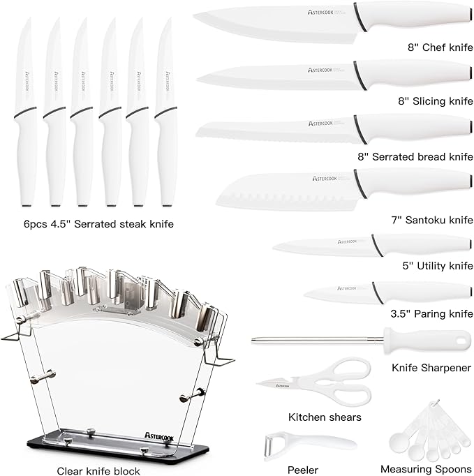 Astercook Knife Set for Kitchen with Block and Sharpener 22 Piece Kitchen Knives Sharp Blade Dishwasher Safe Knife Block Set with Ergonomic Handle, Elegant White image 6