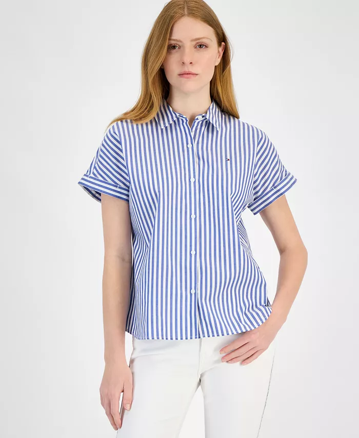  Women's Cotton Striped Cuffed-Sleeve Shirt image 2