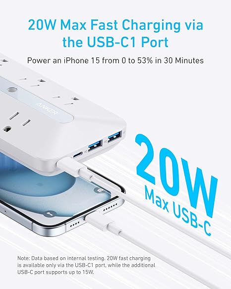 Anker Wall Charger, 300J Surge Protector, 10-in-1 Outlet Extender, 6 AC, 2 USB A, 2 USB C Ports, Wide-Spaced Outlets and 20W Fast Charging, Desk Charging Station, Home Office, Dorm, Room Essential image 4