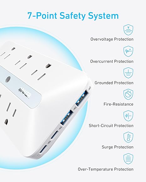 Anker Wall Charger, 300J Surge Protector, 10-in-1 Outlet Extender, 6 AC, 2 USB A, 2 USB C Ports, Wide-Spaced Outlets and 20W Fast Charging, Desk Charging Station, Home Office, Dorm, Room Essential image 6