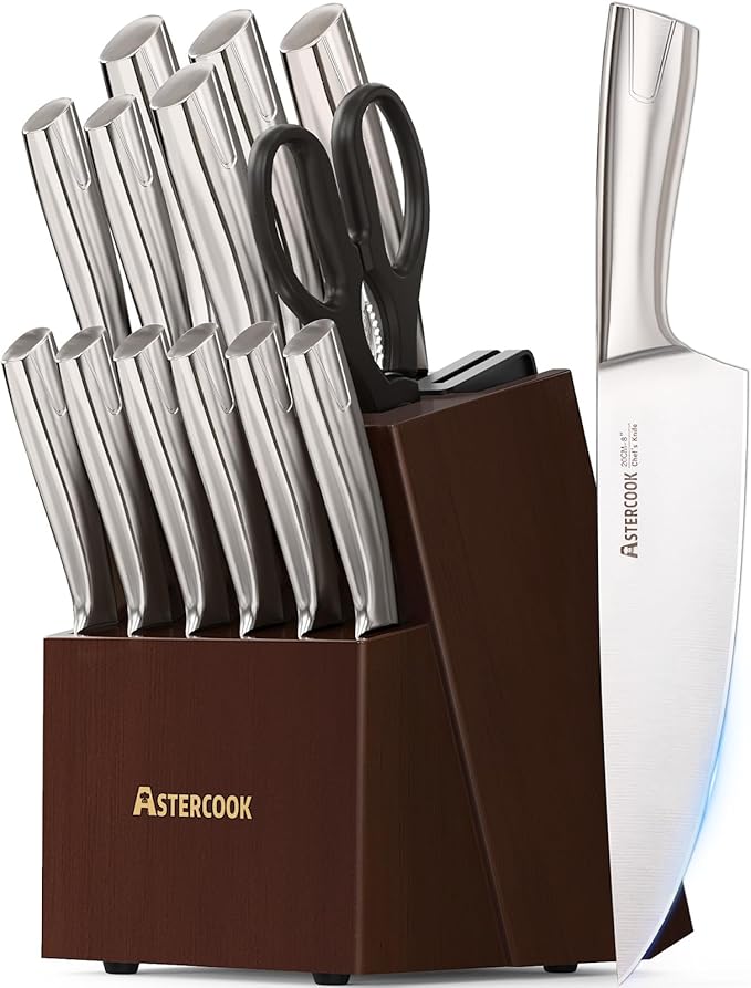 Astercook Knife Set, Kitchen Knives Set with Block and Sharpener Full Tang 15 Pcs Premium Stainless Steel Knives Ultra Sharp Blade Dishwasher Safe Knife Set with Anti-slip Ergonomic Handle, Walnut image 1
