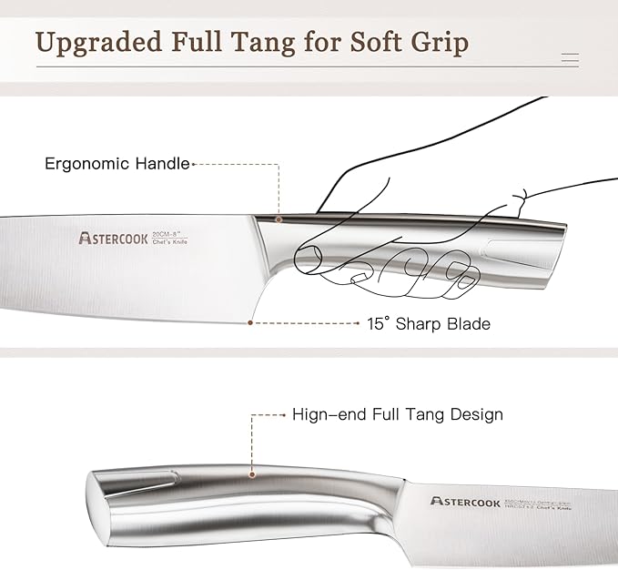 Astercook Knife Set, Kitchen Knives Set with Block and Sharpener Full Tang 15 Pcs Premium Stainless Steel Knives Ultra Sharp Blade Dishwasher Safe Knife Set with Anti-slip Ergonomic Handle, Walnut image 4