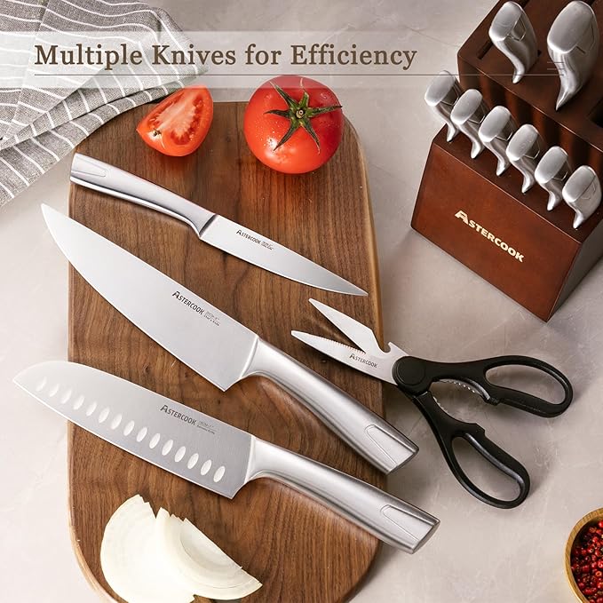 Astercook Knife Set, Kitchen Knives Set with Block and Sharpener Full Tang 15 Pcs Premium Stainless Steel Knives Ultra Sharp Blade Dishwasher Safe Knife Set with Anti-slip Ergonomic Handle, Walnut image 5