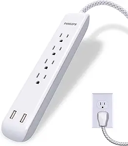 Philips 4 Outlet Power Strip Surge Protector with 2 USB Ports, 4 Ft Power Cord, Designer Braided Extension Cord, Flat Plug Extension Cord, 720 Joules, White, SPC6244WC/37 image 1