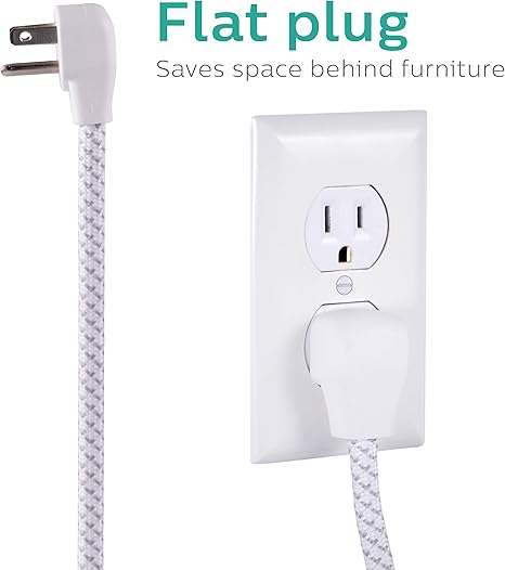Philips 4 Outlet Power Strip Surge Protector with 2 USB Ports, 4 Ft Power Cord, Designer Braided Extension Cord, Flat Plug Extension Cord, 720 Joules, White, SPC6244WC/37 image 2