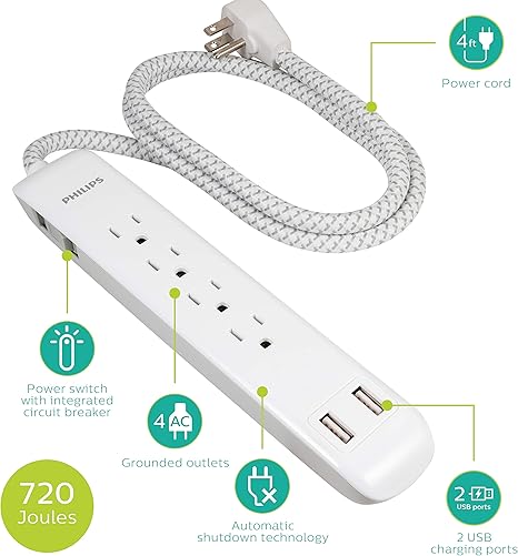 Philips 4 Outlet Power Strip Surge Protector with 2 USB Ports, 4 Ft Power Cord, Designer Braided Extension Cord, Flat Plug Extension Cord, 720 Joules, White, SPC6244WC/37 image 3
