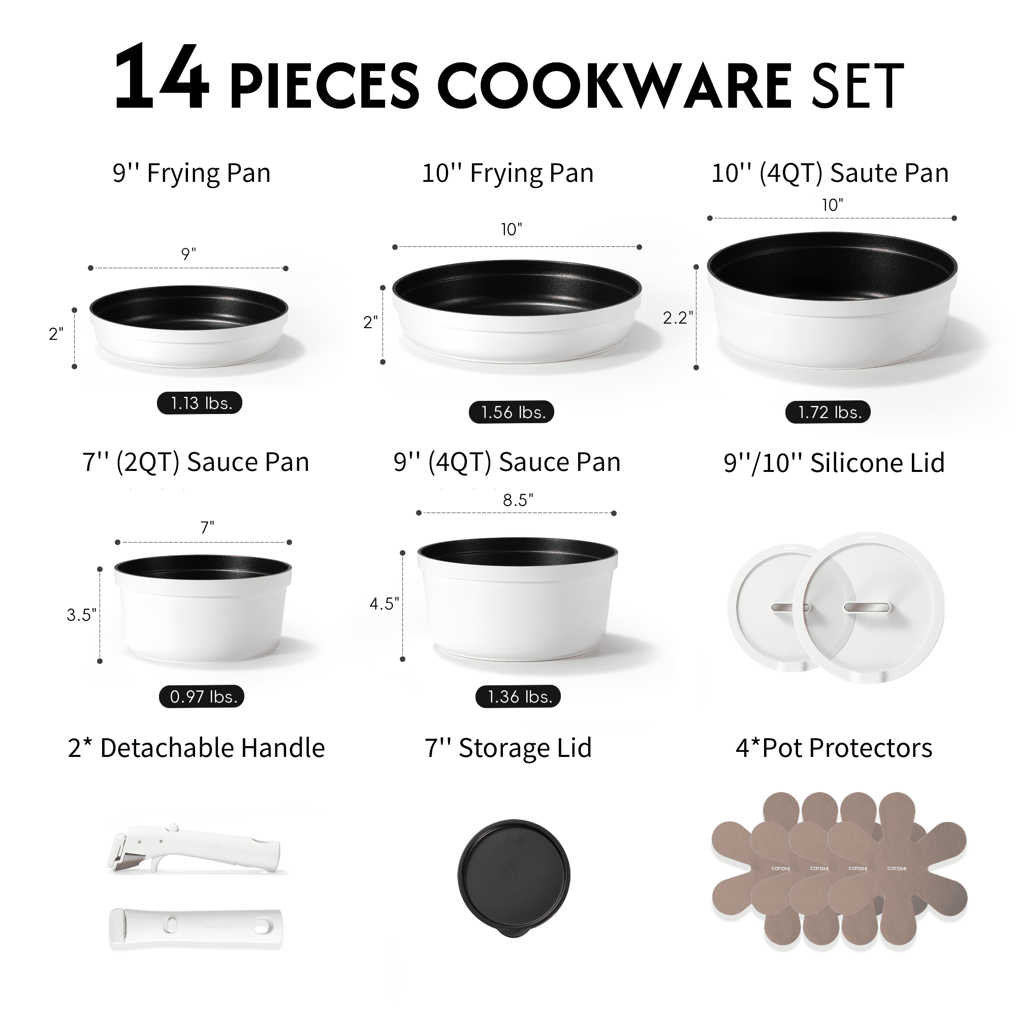 Carote Nonstick Pots and Pans with Detachable Handle, 14Pcs Premium Kitchen Cookware Sets, White image 4