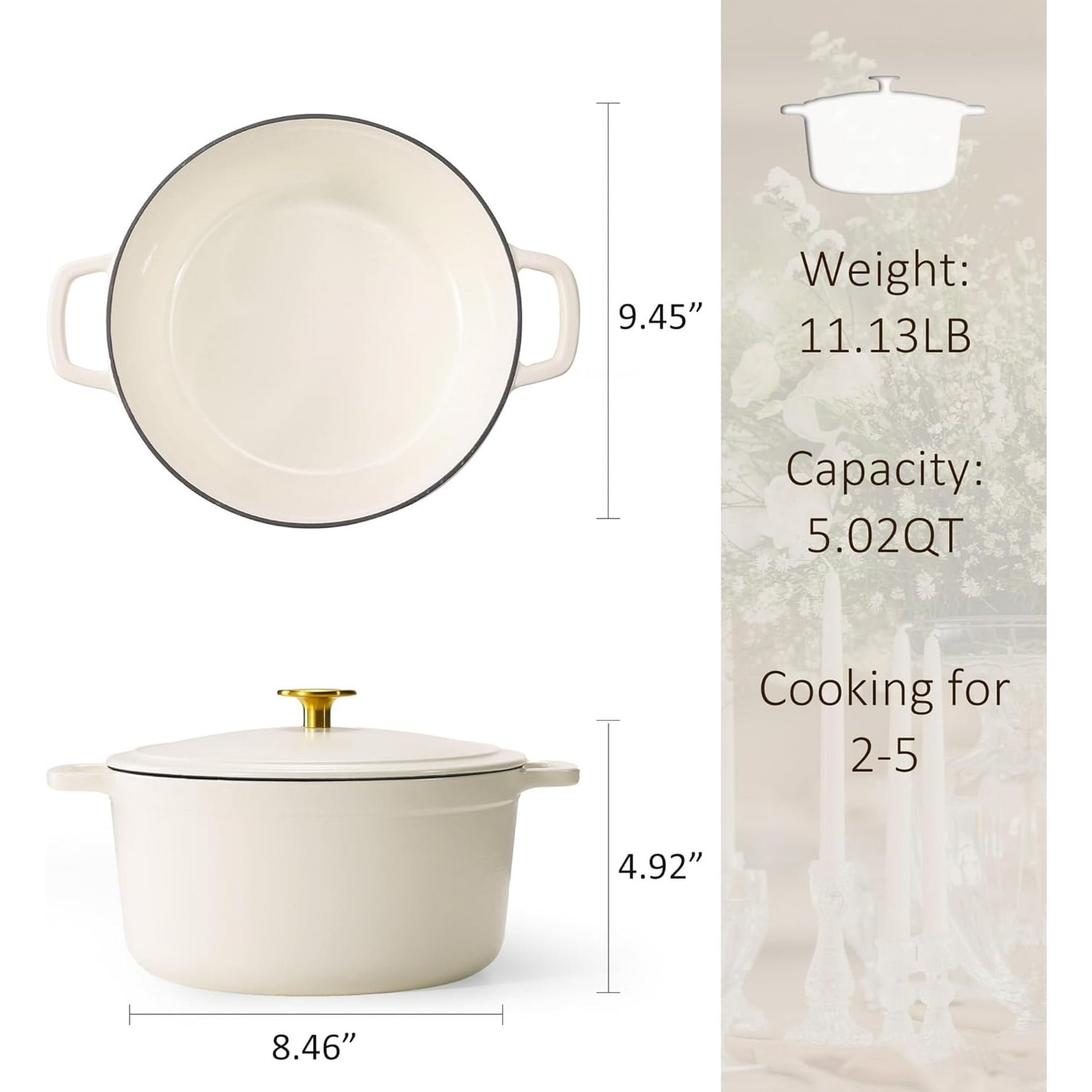 Carote Enameled Cast Iron Dutch Oven, 5QT Pot with Lid for Cooking, Roasting, Baking & Braising, Easy Cleaning, White image 2