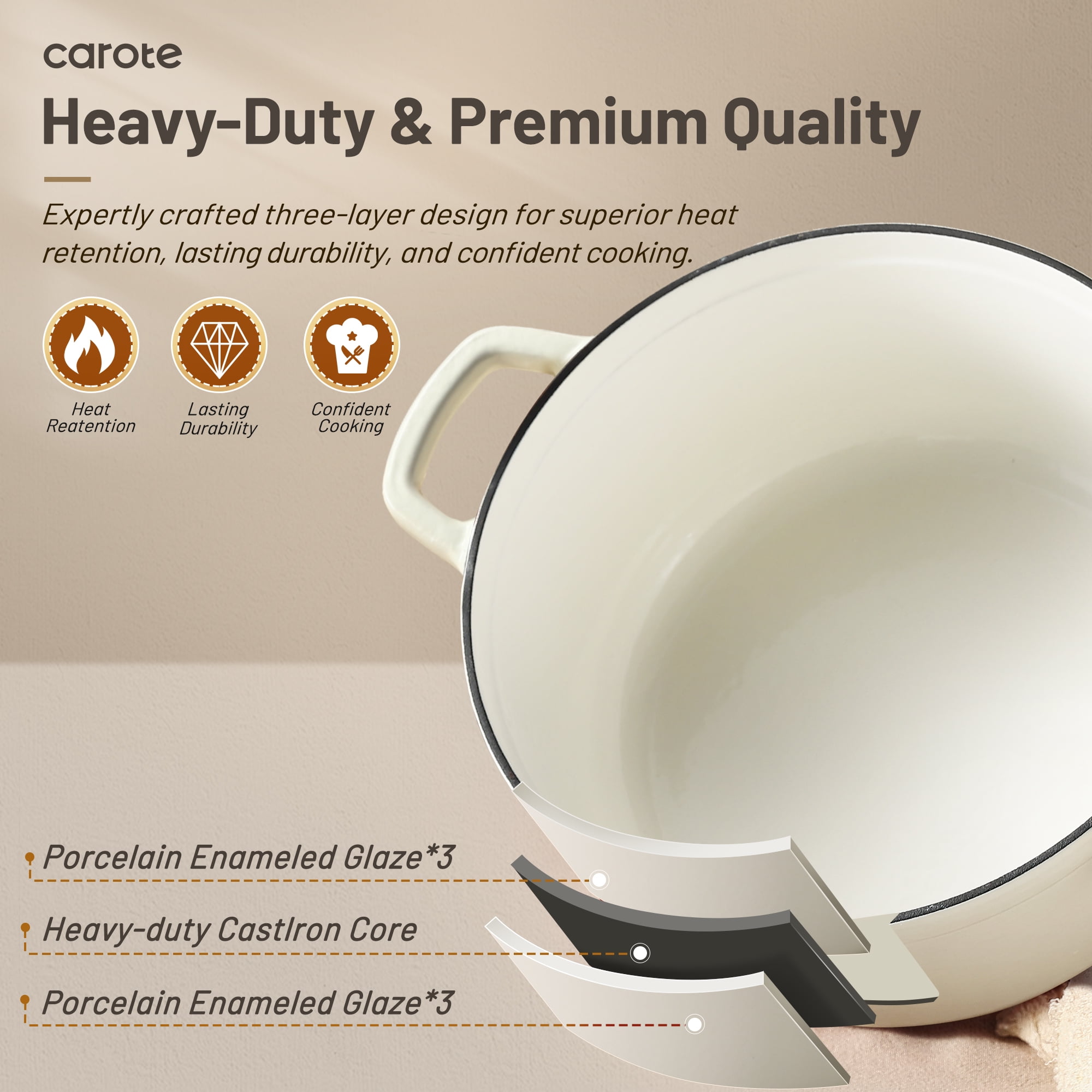 Carote Enameled Cast Iron Dutch Oven, 5QT Pot with Lid for Cooking, Roasting, Baking & Braising, Easy Cleaning, White image 3
