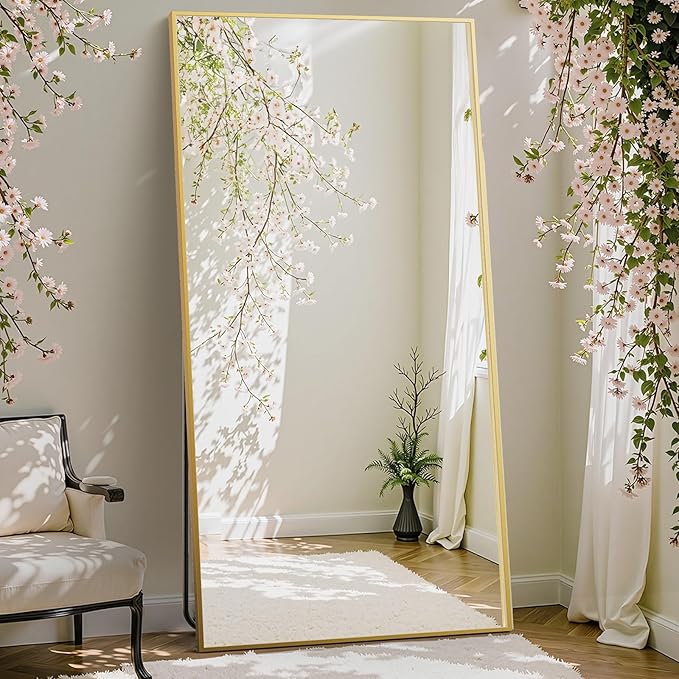 DUMOS Full Length Mirror with Stand 71"x26" Floor Standing Aluminum Frame for Bedroom Body Hanging Leaning Modern Simple Home Decor Shatter-proorf Nano Glass Wall Living Room Cloakroom Gold image 1