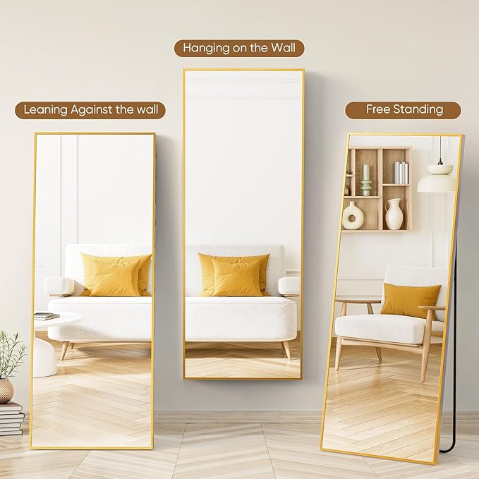 DUMOS Full Length Mirror with Stand 71"x26" Floor Standing Aluminum Frame for Bedroom Body Hanging Leaning Modern Simple Home Decor Shatter-proorf Nano Glass Wall Living Room Cloakroom Gold image 2