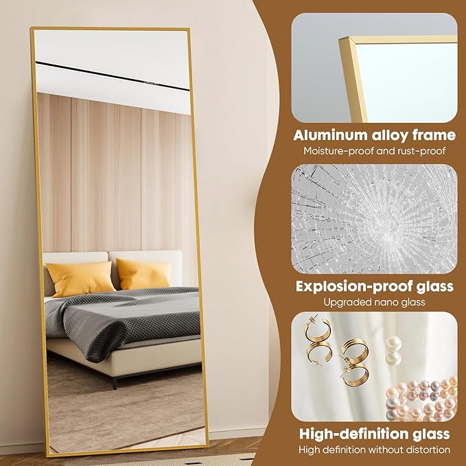 DUMOS Full Length Mirror with Stand 71"x26" Floor Standing Aluminum Frame for Bedroom Body Hanging Leaning Modern Simple Home Decor Shatter-proorf Nano Glass Wall Living Room Cloakroom Gold image 3