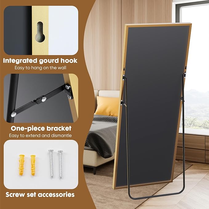 DUMOS Full Length Mirror with Stand 71"x26" Floor Standing Aluminum Frame for Bedroom Body Hanging Leaning Modern Simple Home Decor Shatter-proorf Nano Glass Wall Living Room Cloakroom Gold image 4