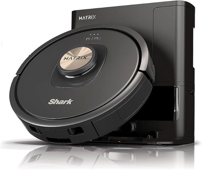 Shark AV2310AE Matrix Self-Emptying Robot Vacuum with No Spots Missed on Carpets and Hard Floors, Precision Home Mapping, Perfect for Pet Hair, Bagless, 45-Day Capacity Base, Wi-Fi Black/Brass image 1