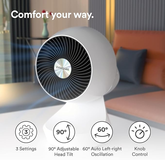 Everdure 9” Oscillating Desk or Table Fan, 3 Speed Settings, Targeted Airflow Control, Low Noise, Modern Design, Portable, Perfect Cooling Fan for Bedroom, Living Room, Home Office, White image 2