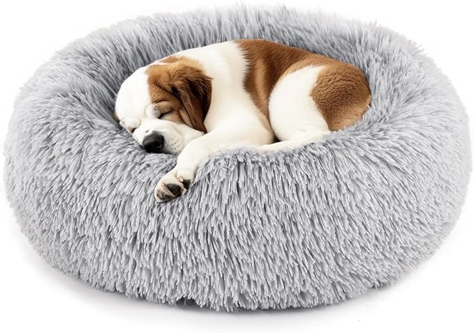 DUMOS Calming Donut Cat & Dog Bed for Medium Dogs, Machine Washable Cuddle Warming Cozy Fluffy Faux Fur Plush Round Dog Bed, Anti-Anxiety Waterproof Anti-Slip Pet Bed, Grey, 24×24×8 Inches image 1