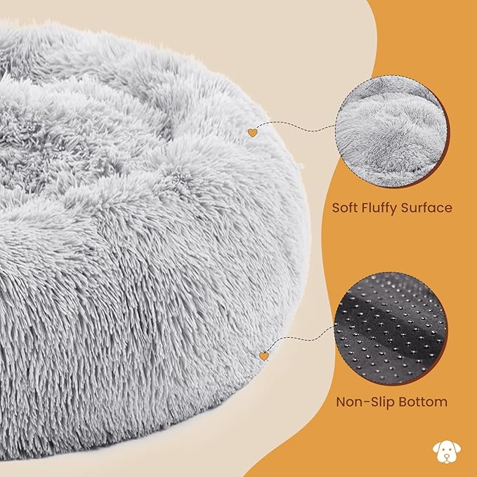 DUMOS Calming Donut Cat & Dog Bed for Medium Dogs, Machine Washable Cuddle Warming Cozy Fluffy Faux Fur Plush Round Dog Bed, Anti-Anxiety Waterproof Anti-Slip Pet Bed, Grey, 24×24×8 Inches image 3