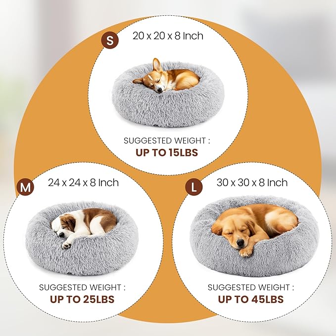 DUMOS Calming Donut Cat & Dog Bed for Medium Dogs, Machine Washable Cuddle Warming Cozy Fluffy Faux Fur Plush Round Dog Bed, Anti-Anxiety Waterproof Anti-Slip Pet Bed, Grey, 24×24×8 Inches image 6