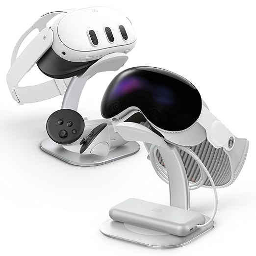 Spigen Stand Designed for Apple Vision Pro and Meta Quest 3/Meta Quest 3S - Premium Aluminum Universal VR Headset Display Dock Station - Silver image 1