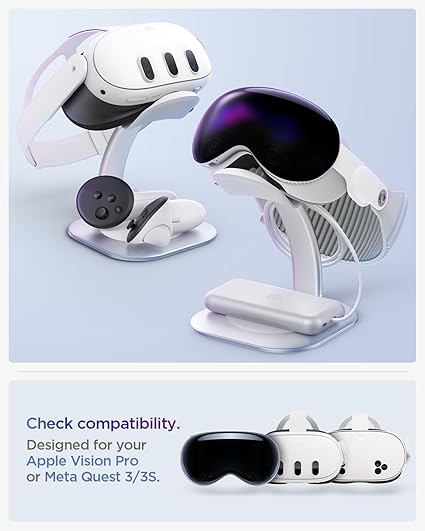 Spigen Stand Designed for Apple Vision Pro and Meta Quest 3/Meta Quest 3S - Premium Aluminum Universal VR Headset Display Dock Station - Silver image 2