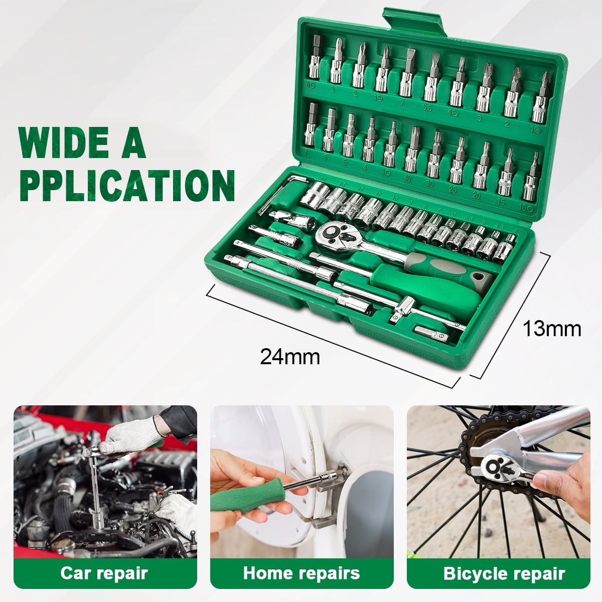 GOXAWEE 46 Pieces 1/4 inch Drive Socket Ratchet Wrench Set, with Bit Socket Set Metric and Extension Bar for Auto Repairing and Household, Green image 1