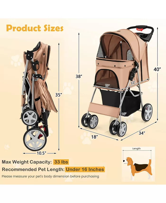 Folding Dog Stroller for Small Medium Dogs Cats Puppy, 4 Lockable Wheels Cat Stroller Pet Travel Carrier Strolling Cart, Safety Belt, Removable Liner and Storage Basket (Beige) Shipped and sold by Kuyotq image 2