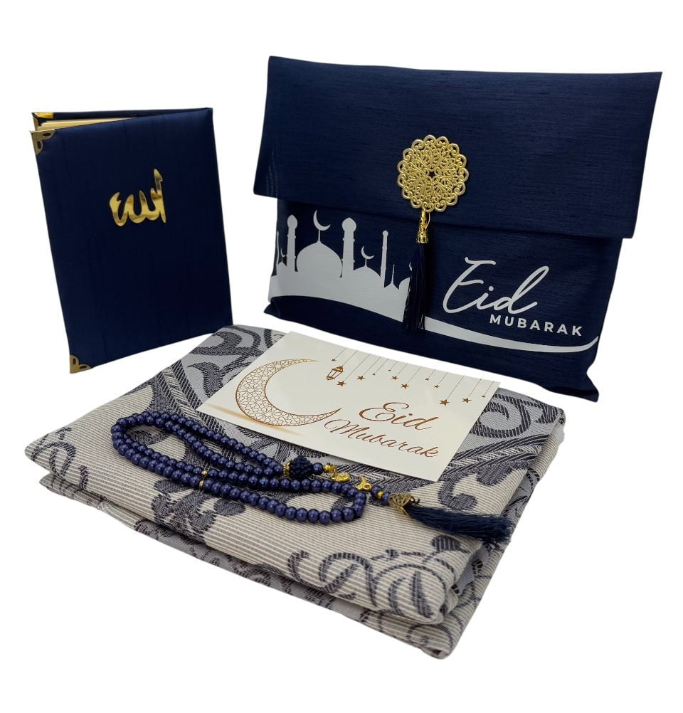 Eid Mubarak Gift Set - Prayer Rug, Dua Book and Prayer Beads in Satin Bag - Blue image 1