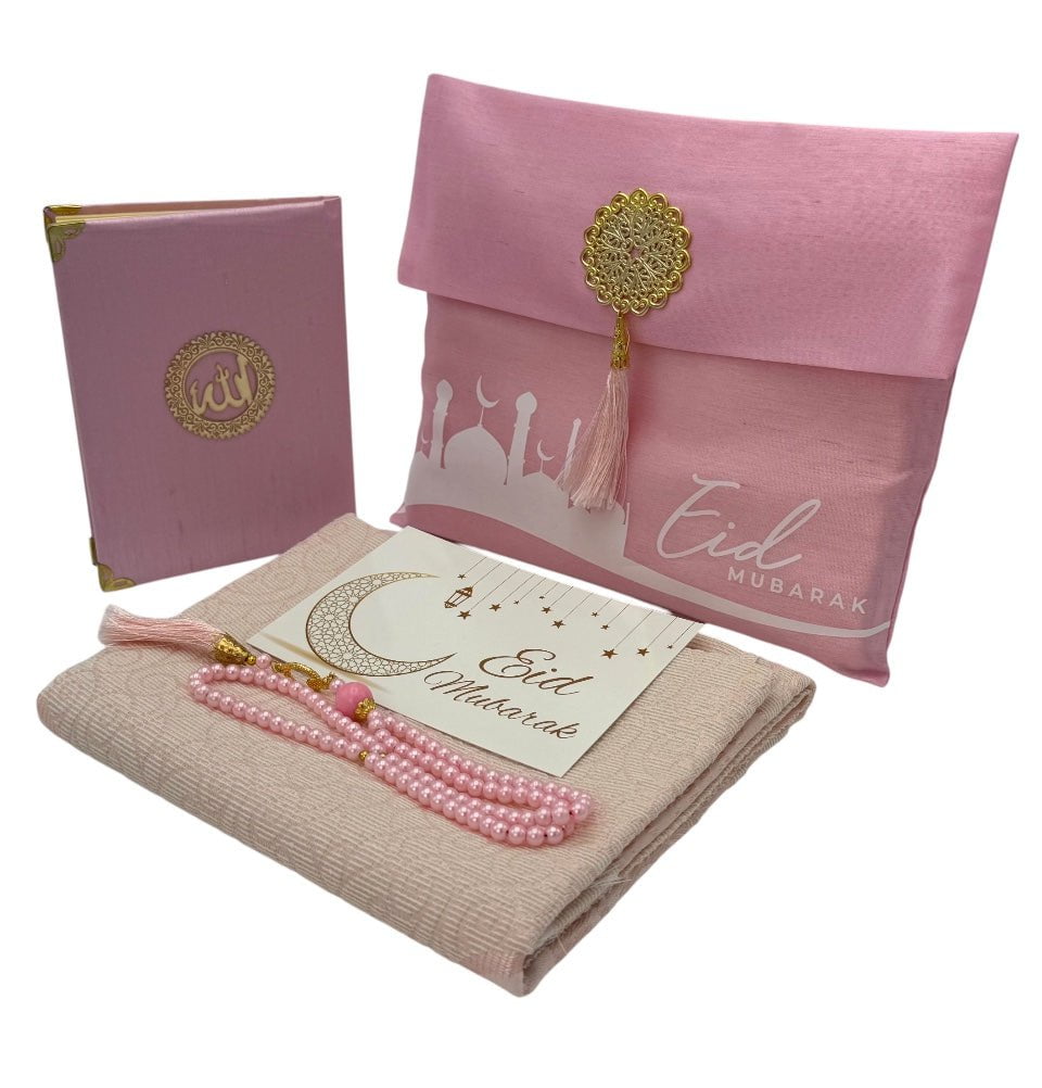 Eid Mubarak Gift Set - Prayer Rug, Dua Book and Prayer Beads in Satin Bag - Pink image 1
