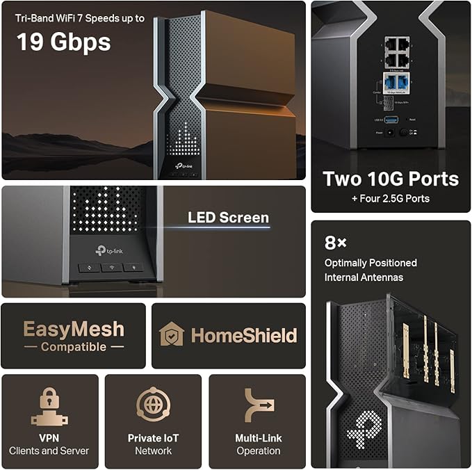 TP-Link Tri-Band BE19000 WiFi 7 Router (Archer BE800) | 12-Stream 19 Gbps | 2 × 10G + 4 × 2.5G Ports | LED Screen | 8 High-Performance Antennas | VPN, Easy Mesh, 4×4 MU-MIMO, HomeShield, Private IoT image 3