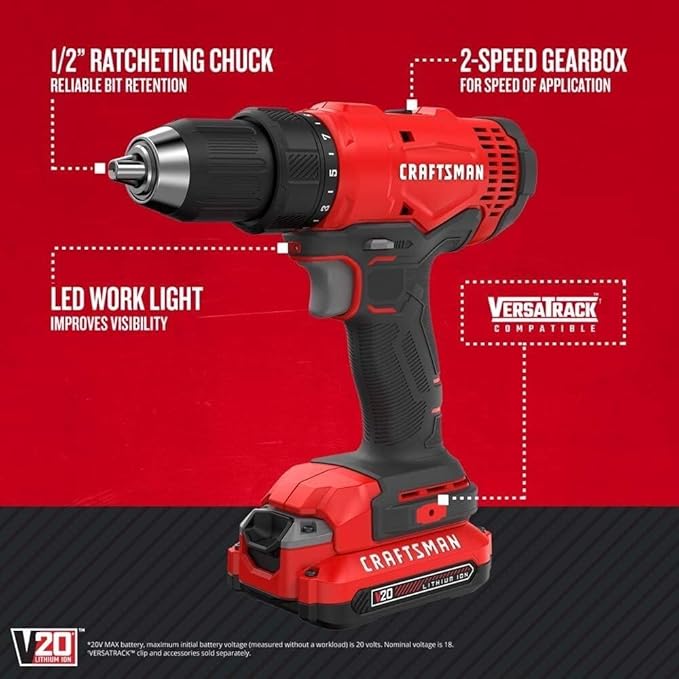 CRAFTSMAN V20 Cordless Drill/Driver Kit, 1/2 inch, Battery and Charger Included (CMCD701C2) image 2