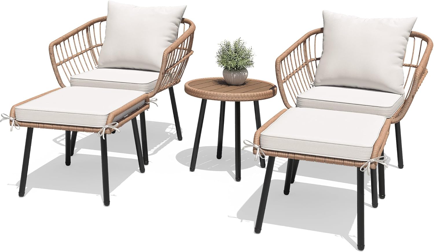 YITAHOME 5-Piece Outdoor Wicker Furniture Set, All-Weather Patio Bistro Set with Footrest, Small Patio Conversation Set for Balcony Outside, Outdoor Chairs with Ottomans and Coffee Table image 9